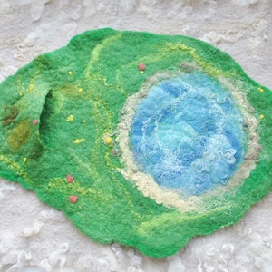 Small felted pond play mat, wool landscape rug, plascape, plascene for kids