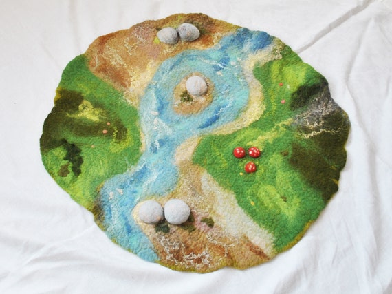 Large Play Mat With River and Rocks, Waldorf Wool Felted Playmat for Kids,  Open Ended Playground for Toddlers 