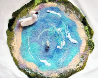 Swan lake, READY TO SHIP felted play mat, felt plascape, landscape rug, pond playmat