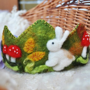 Waldorf bunny birthday crown, woodland toadstool felted crown, fall fastival accessory