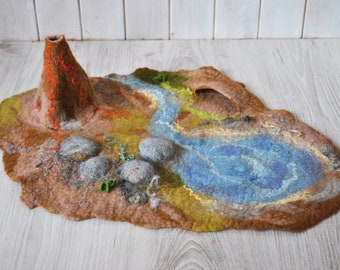 Volcano felted play mat, waldorf inspired dinosaur playscene, 3D storitelling playmat, dino land