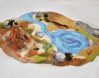 XXL dinosaur world playmat, Volcano play scene, prehistoric landscape, dino world, pretend play waldorf inspired, volcanic land with river