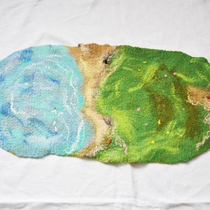 Large felted play mat with pond and meadow. Felted play scene with lake