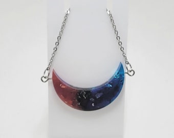 Purple Blue Galaxy Resin Moon Crescent Necklace 16 in Silver Plated Chain