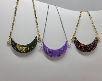 Custom Gold or Silver Flake Resin Moon Crescent Necklace 18 in Gold Plated Chain