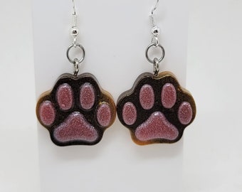 Tortoiseshell Tortie Cat Paw Resin Dangle Earrings