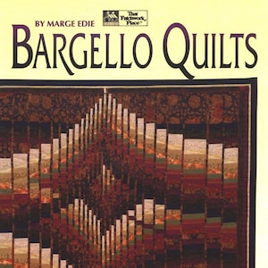Puede incluir: Una portada de libro con el título "Bargello Quilts" de Marge Edie. La portada presenta una colcha colorida con un patrón geométrico en tonos rojos, marrones y beige.