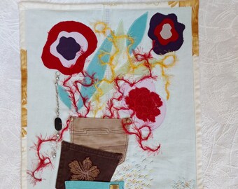 Quilt Art Upcycled jeans Recycled denim Abstract quilt Textile wall hanging Handmade Quilt for sale Patchwork Zero waste Colourful quiltart