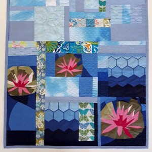 Quilt art Textile Patchwork Quilt for sale Wall hanging Handmade quilt Abstract art Waterlilies Blue quilt Water Gift for flower lovers