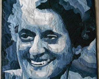 Quilt art Upcycled Denim Quilting Art Handmade Textile wall hanging Quilts for sale Gift for her him Portrait Gandhi India Eco friendly