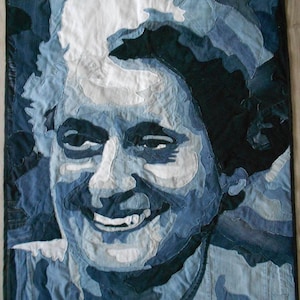 Quilt art Upcycled Denim Quilting Art Handmade Textile wall hanging Quilts for sale Gift for her him Portrait Gandhi India Eco friendly