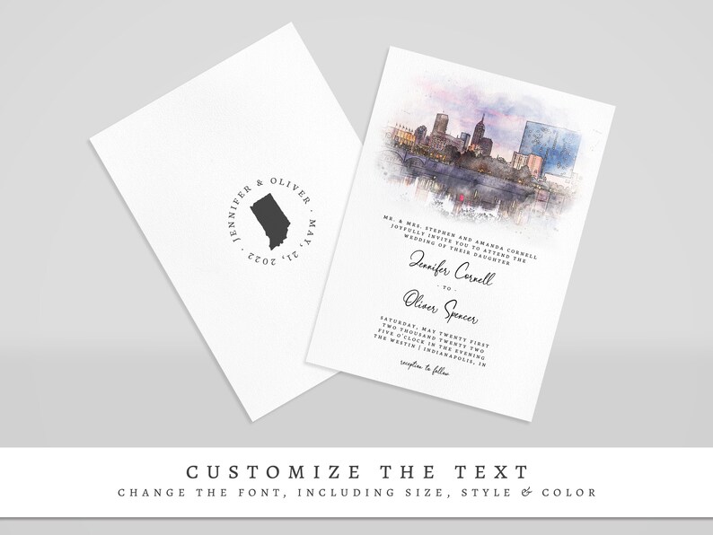 Indianapolis Watercolor Wedding Invitation, Editable Downtown City Skyline Printable Invite Template, Indiana Wedding Invitation Download image 3