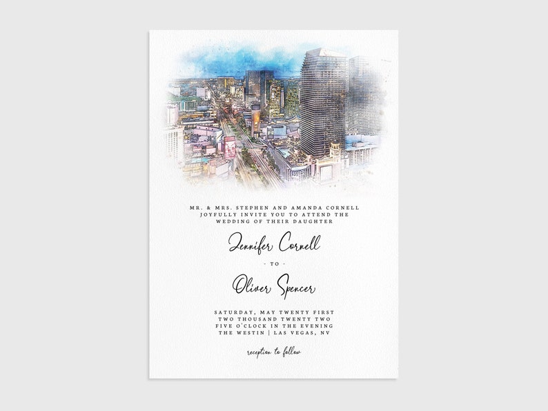 Las Vegas Watercolor Wedding Invitation Editable Downtown City Skyline Printable Invitation Template Nevada Destination
