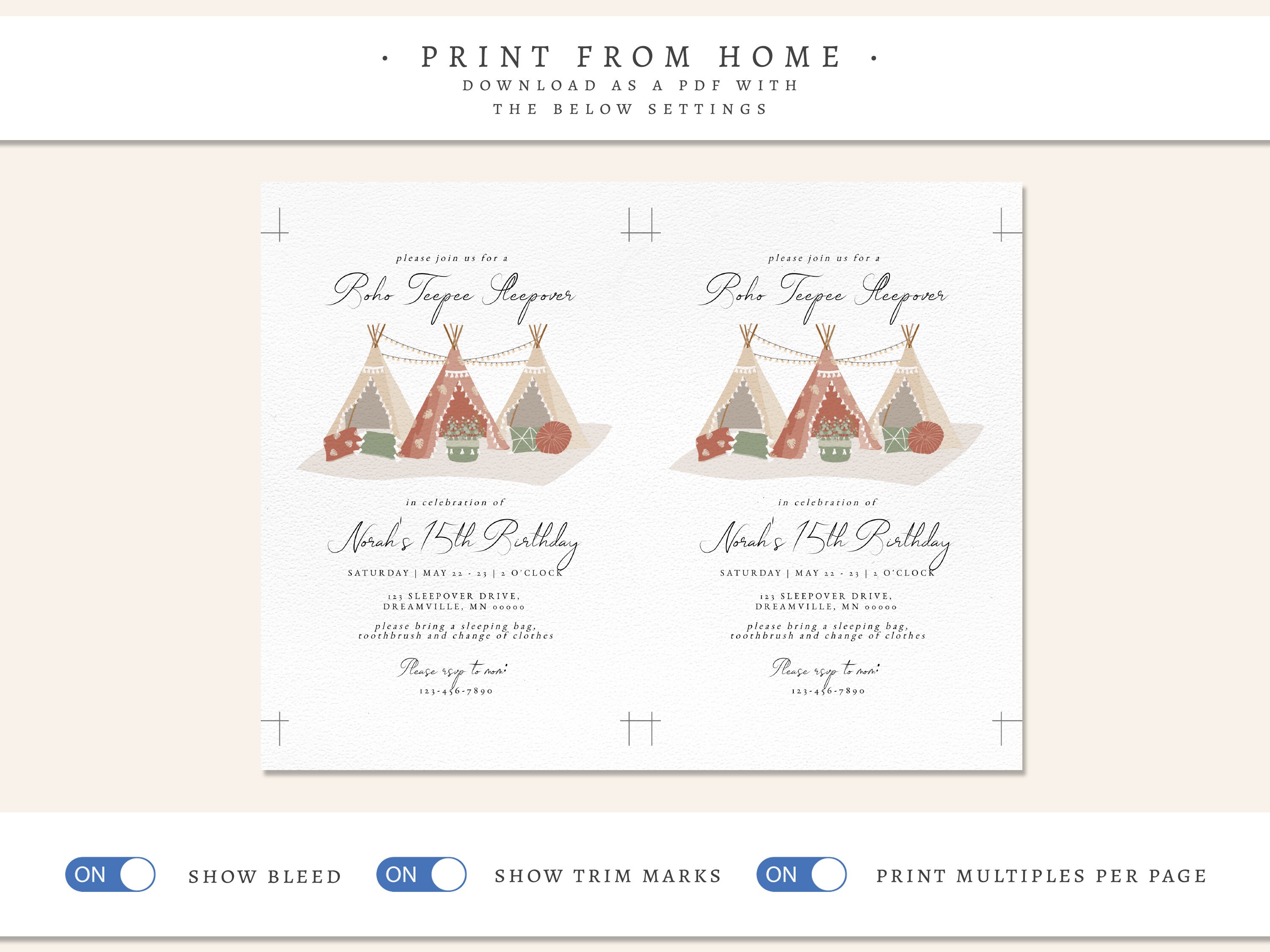 Editable Boho Teepee Birthday Invitation Printable Sleepover - Etsy