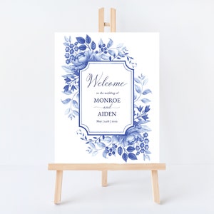 Blue Porcelain Editable Welcome Sign, DIY Printable Floral Chinoiserie Poster Template, Watercolor Flower Custom Party Sign Digital Download