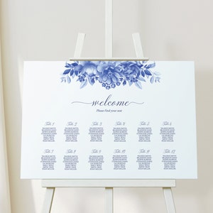 Blue Porcelain Editable Seating Chart Template, Printable Floral Chinoiserie Wedding Seating Sign Instant Download, Seating Plan Poster