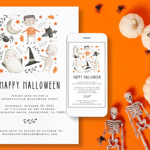Editable Halloween Party Invitation, Printable Trick or Treat Invite Template, Spooky Kids Party Instant Download, Halloween Mobile Invite