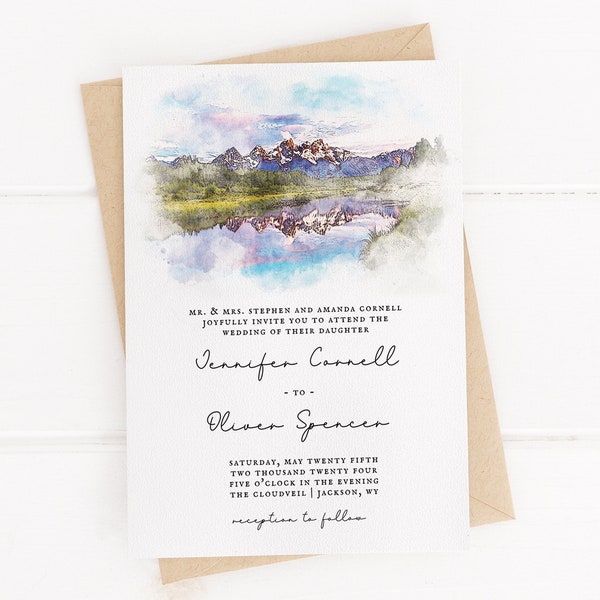 Grand Tetons Watercolor Editable Wedding Invitation, Jackson Hole Wedding Printable Invite Template, Snake River Wyoming Mountain Wedding