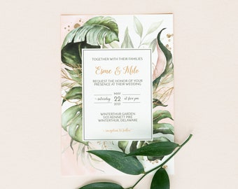 Tropical Wedding Invitation, Editable Instant Download Template, Destination Wedding, Greenery Wedding, Mobile Invitation, Palm Leaf Invite