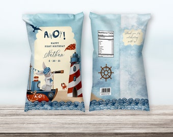 Bearbeitbare nautische Chip Tasche Wrapper, druckbare Ahoi Segeln Party Favor Label Vorlage, Ocean Marine Party Instant Download Chip Verpackung