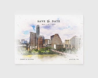 Austin Watercolor Wedding Save the Date, Editable City Skyline Save the Date Template, Texas Destination Wedding Save the Date Postcard