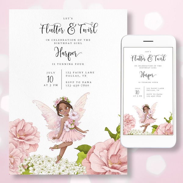 Editable Fairy Princess Birthday Invitation, Printable Flutter and Twirl Invite Template, Magical Fairy Instant Download, Mobile Fairy Evite