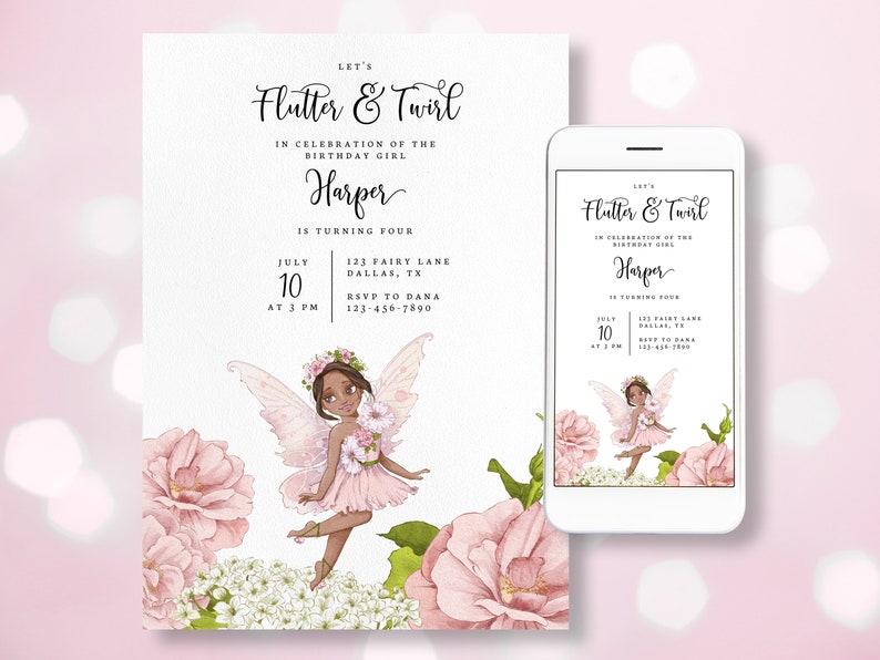 Editable Fairy Princess Birthday Invitation Printable Flutter and Twirl Invite Template Magical Fairy Instant Download Mobile