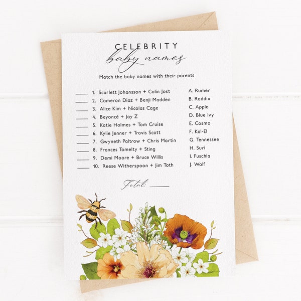 Floral Honey Bee Celebrity Baby Names Editable Shower Game, Printable A Little Babee Card Template, DIY Sweet As Can Bee Trivia Download