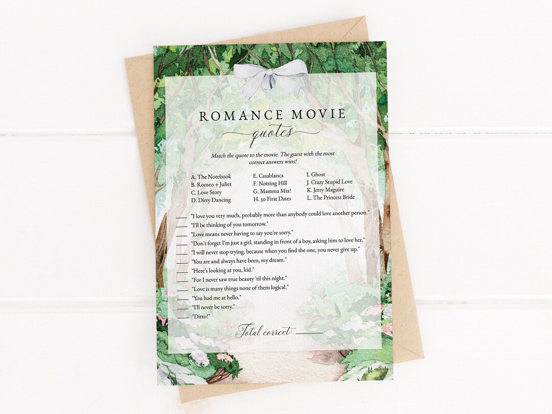 Editable Enchanted Forest Bridal Shower Romance Movie Quotes Game ...