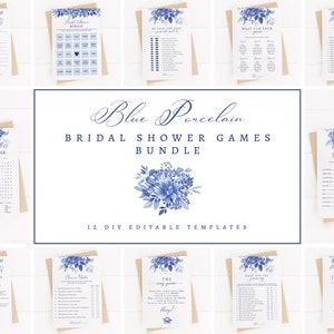 Blue Porcelain Editable Bridal Shower Games Bundle, Printable Floral Chinoiserie Bridal Brunch Game Card Template, 12 Wedding Games Download