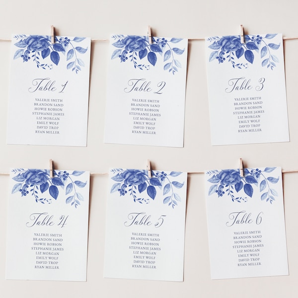 Blue Porcelain Editable Hanging Seating Chart, Printable Floral Chinoiserie Seat Cards Template, DIY Watercolor Seating Banner Download