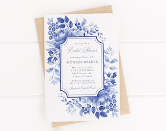 Blue Porcelain Editable Bridal Shower Invitation, Printable Floral Chinoiserie Invite Template, Watercolor Flower Mobile Digital Download