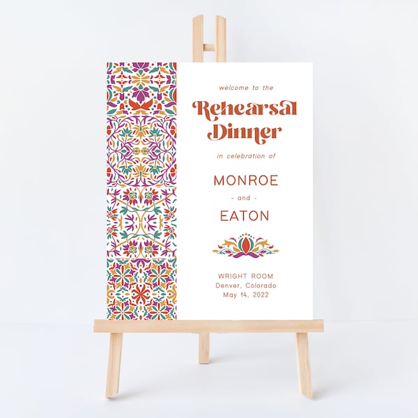 Spanish Tiles Editable Welcome Poster, DIY Printable Talavera Tile Poster Template, Athangudi Tile Custom Party Sign Digital Download