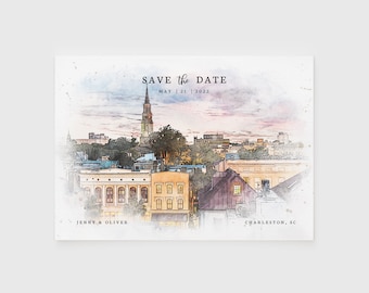 Charleston Watercolor Wedding Save the Date, Editable City Skyline Save the Date Template, South Carolina Destination Save the Date Postcard