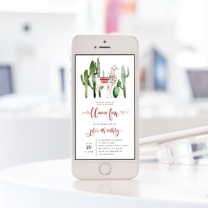 A Whole Llama Fun Birthday Evite, Editable Alpaca Mobile Phone Invitation Template, Digital Electronic Cactus Fiesta Invite Instant Download