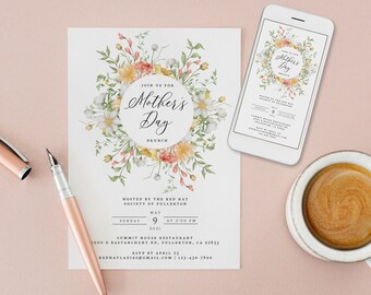 Editable Mother's Day Brunch Invitation, Printable Spring Floral Luncheon Template, Greenery Tea Party Invite Instant Download, Mobile Evite