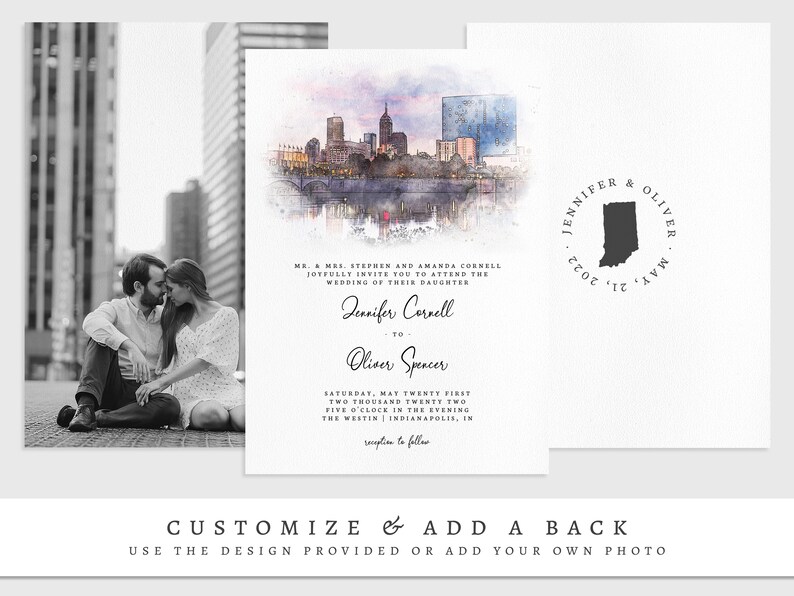 Indianapolis Watercolor Wedding Invitation, Editable Downtown City Skyline Printable Invite Template, Indiana Wedding Invitation Download image 2