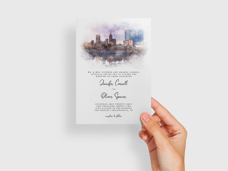 Indianapolis Aquarell Hochzeitseinladung, bearbeitbare Innenstadt Skyline druckbare Invite Vorlage, Indiana Hochzeitseinladung Download Bild 6