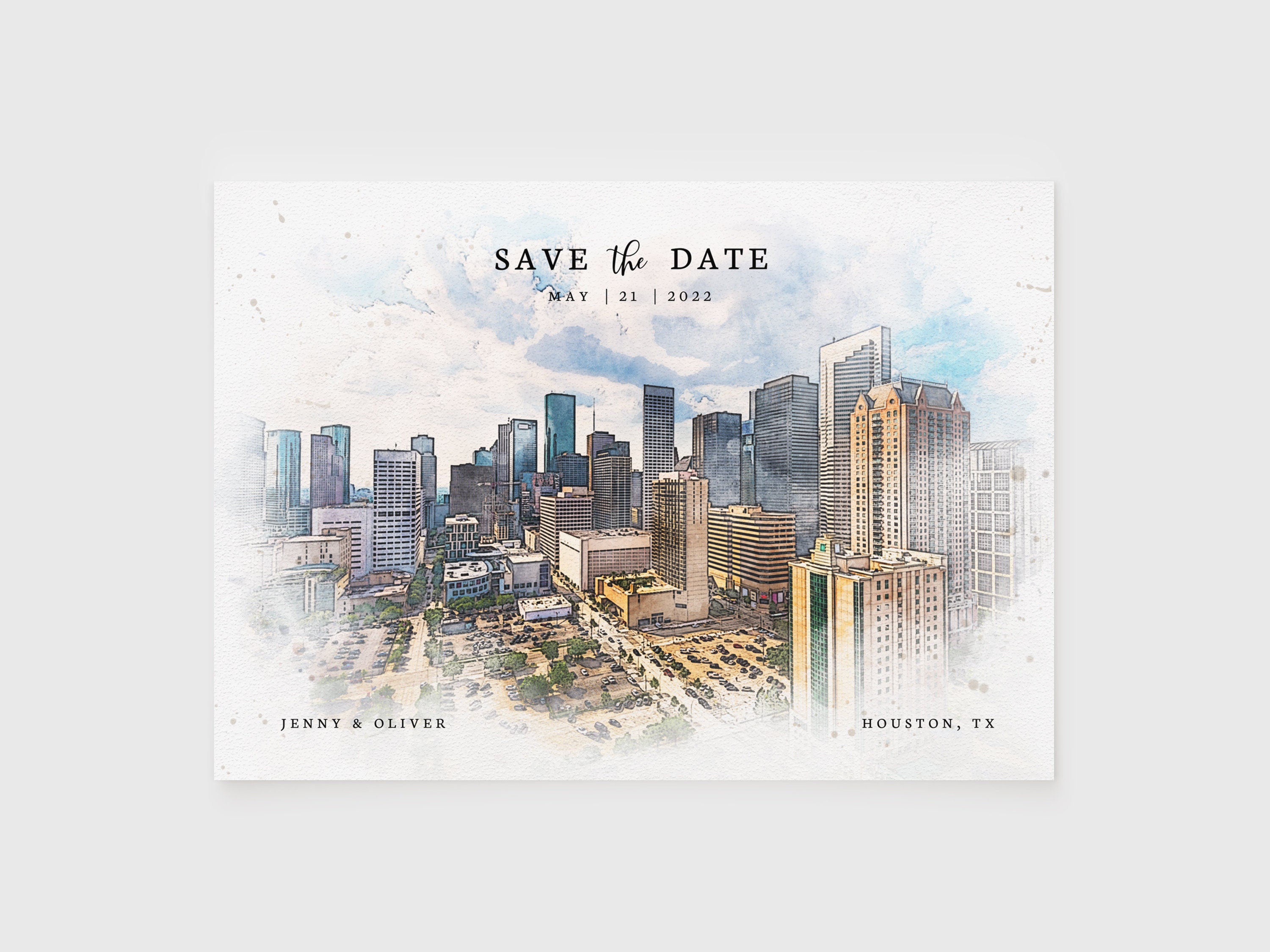 Bayou City Texas Wedding Save the Date Postcard Houston Watercolor Wedding Save the Date Editable City Skyline Save the Date Template