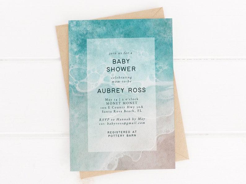 Editable Seashore Baby Shower Invitation Printable Ocean Beach Shower Invite Template Watercolor Coastal Sea Waves Mobile