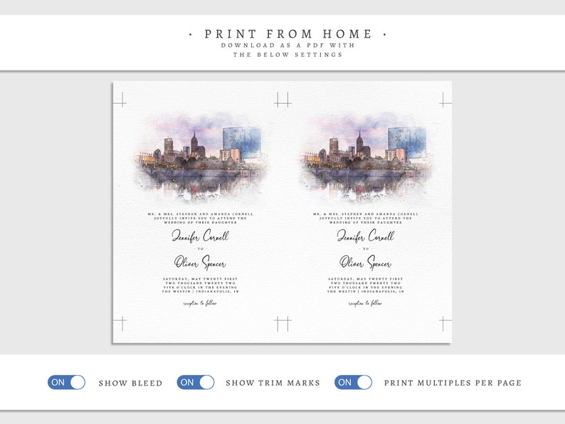 Indianapolis Watercolor Wedding Invitation, Editable Downtown City Skyline Printable Invite Template, Indiana Wedding Invitation Download image 7