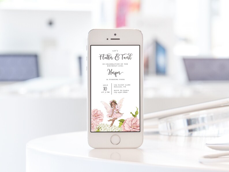 Fairy Princess Birthday Party Evite Editable Flutter and Twirl Mobile Phone Invitation Template Digital Electronic Girls