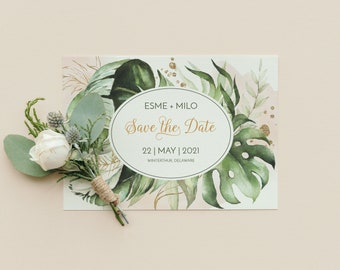 Tropical Save the Date Card Invitation, Editable Instant Download Template, Greenery Wedding, Destination Wedding, Beach Wedding, Palm Leaf