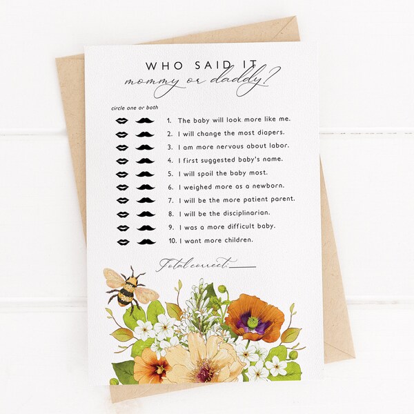 Floral Honey Bee Guess Who Said It Editable Shower Game, Printable A Little Babee Game Card Template, DIY Sweet As Can Bee Trivia Download