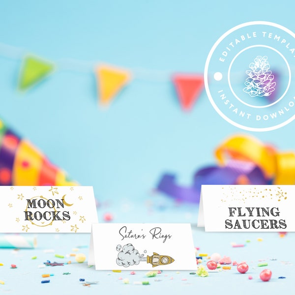 Two the Moon Editable Table Tent Cards, Space Party Food Labels, Printable Rocket Ship Food Labels, Outer Space Birthday Party Buffet Cards