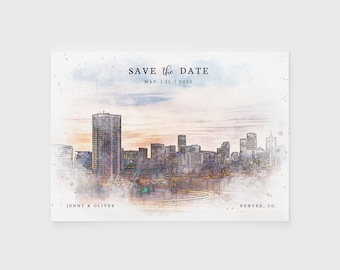 Denver Watercolor Wedding Save the Date, Editable City Skyline Save the Date Template, Colorado Destination Wedding Save the Date Postcard