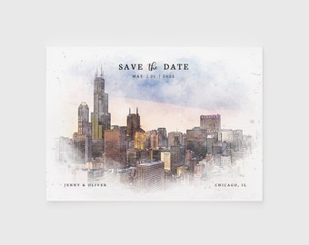 Chicago Watercolor Wedding Save the Date, Editable City Skyline Save the Date Template, Illinois Destination Wedding Save the Date Postcard