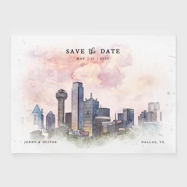 Dallas Watercolor Wedding Save the Date, Editable City Skyline Save the Date Template, Texas Urban Wedding Save the Date Postcard