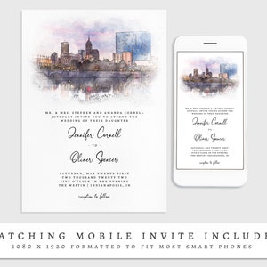 Indianapolis Aquarell Hochzeitseinladung, bearbeitbare Innenstadt Skyline druckbare Invite Vorlage, Indiana Hochzeitseinladung Download Bild 4