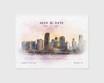 Miami Watercolor Wedding Save the Date, Editable City Skyline Save the Date Template, Florida Destination Wedding Save the Date Postcard